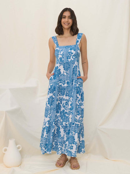 Mediterranean Blue Floral Square Neck Tiered Summer Dress