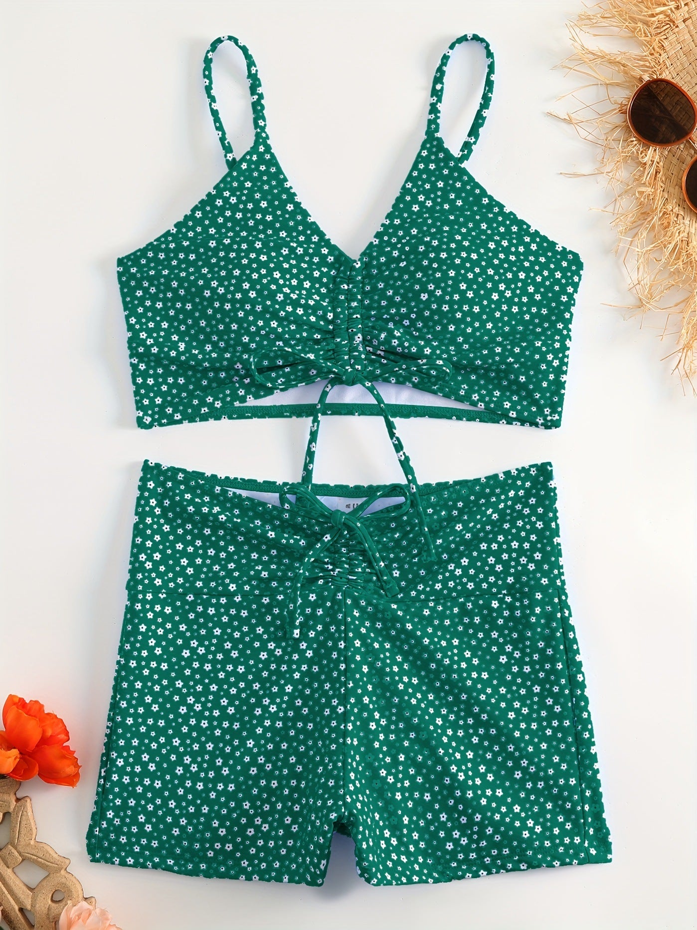 Women's Floral Bikini with Shorts - High Waisted Two Piece Bathing Suit