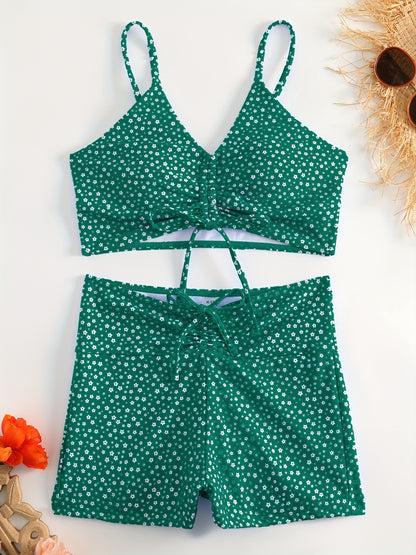 Women's Floral Bikini with Shorts - High Waisted Two Piece Bathing Suit