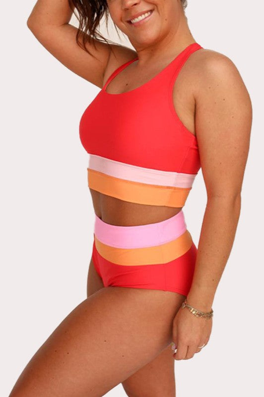 Women's Red High-Waisted Bikini Set - Striped Color Block Sporty Swimsuit