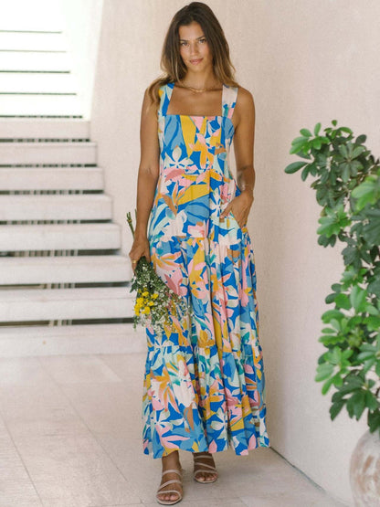 Vibrant Floral Print Square Neck Tiered Maxi Dress for Women