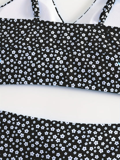 Women's Floral Bikini with Shorts - High Waisted Two Piece Bathing Suit