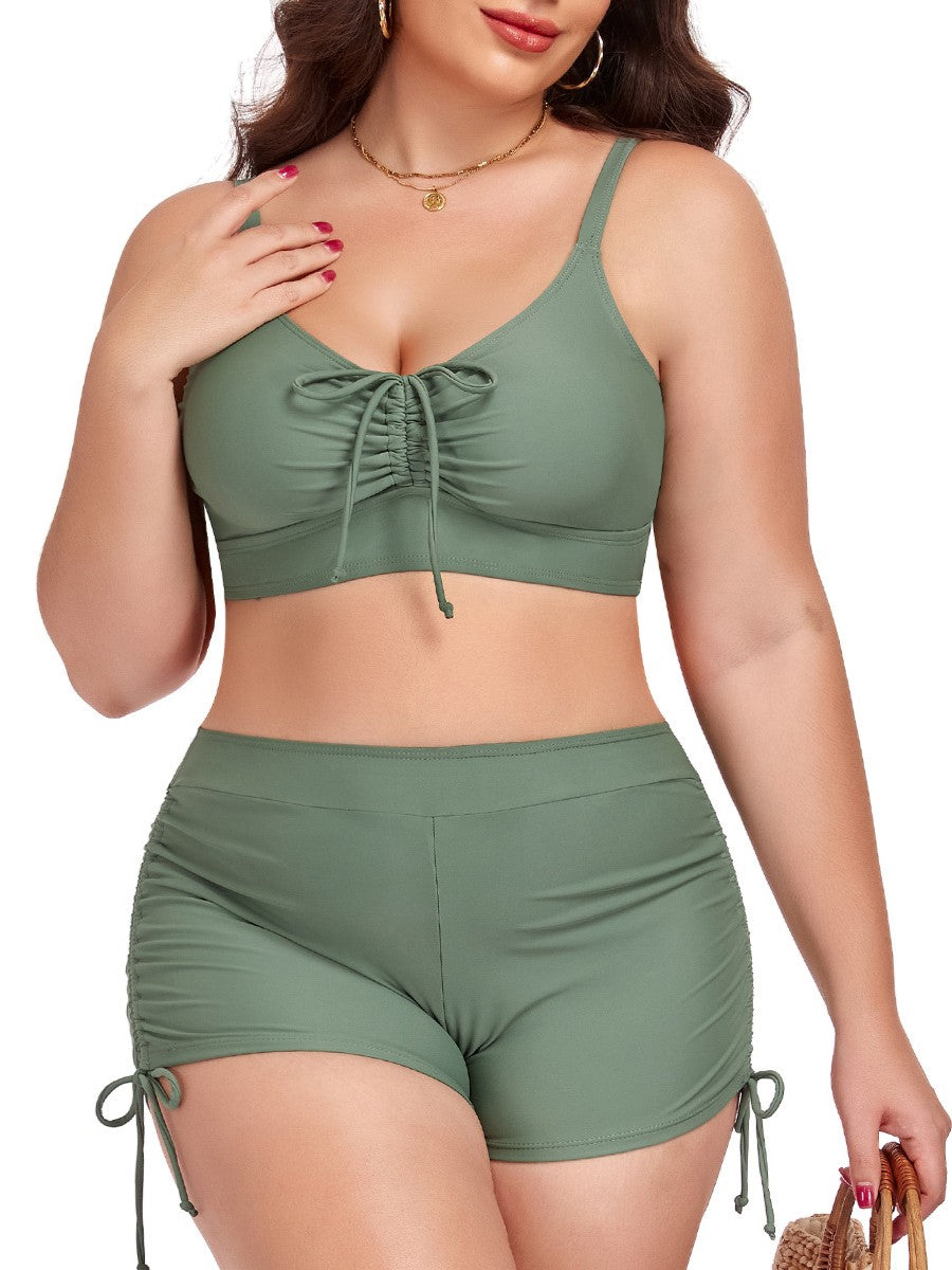 Plus Size Friendly Two-Piece Swimsuit, Ruched Bikini Top and Boycut Shorts with Drawstring