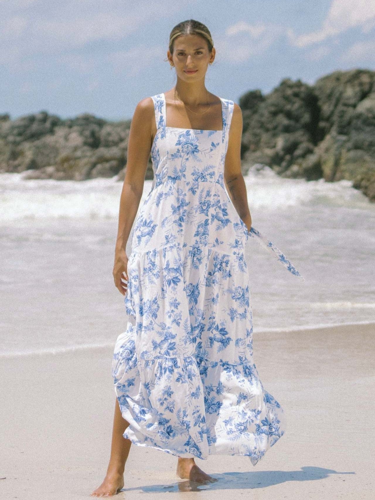 Blue White Floral Wide-Strap Maxi Dress – Summer Resort Style