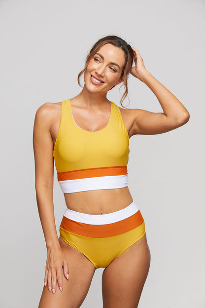 Women's Mustard Yellow High Waisted Bikini - Sporty Color Block Two Piece