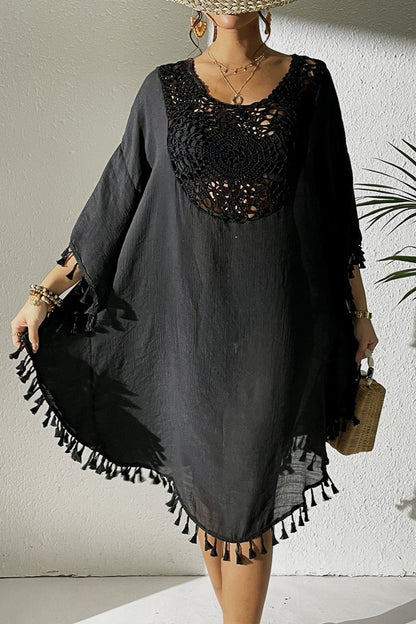 Bestselling New Beach Cover-Up - Crochet Lace Trimmed Fringe Kimono Black