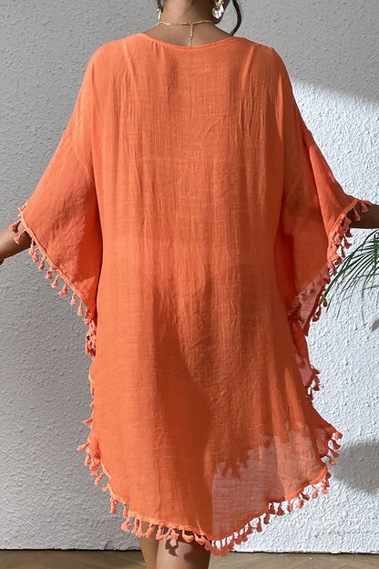 Bestselling New Beach Cover-Up - Crochet Lace Trimmed Fringe Kimono Orange