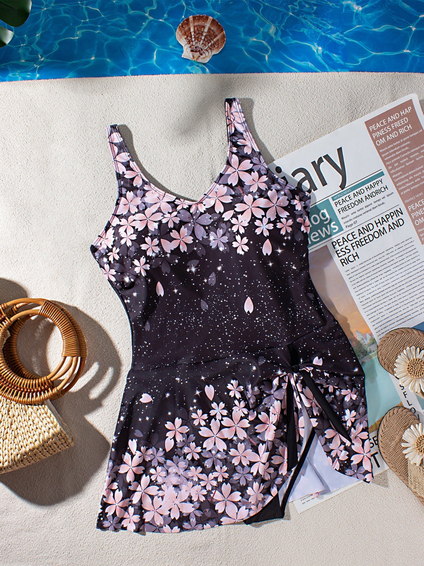 Midnight Sakura Wrap Swim Dress