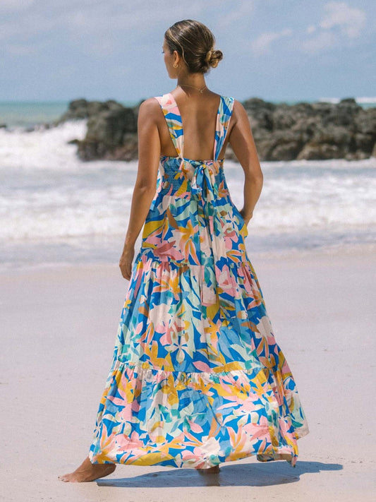 Vibrant Floral Print Square Neck Tiered Maxi Dress for Women