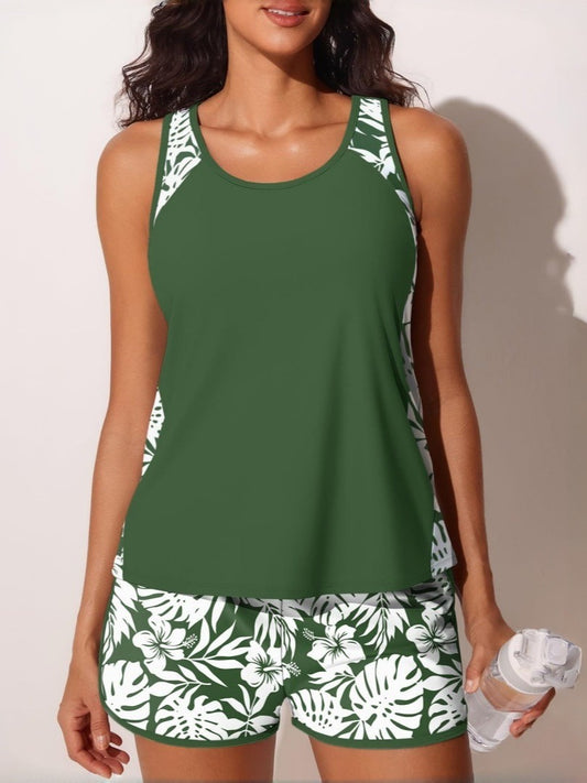 Women's Army Green Sporty Tankini Set - Tropical Print Two-Piece with Boy Shorts