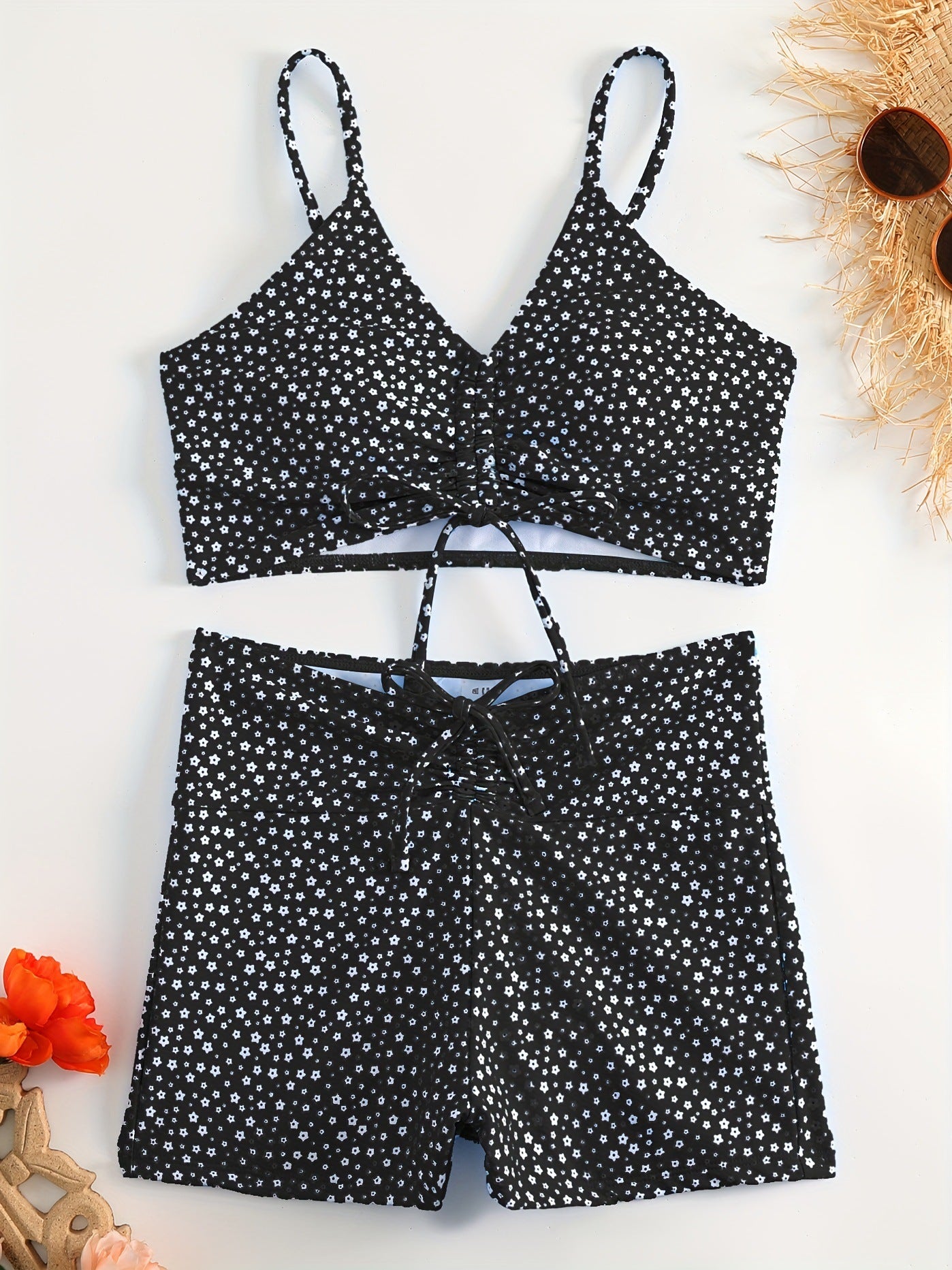 Women's Floral Bikini with Shorts - High Waisted Two Piece Bathing Suit