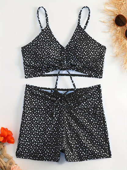 Women's Floral Bikini with Shorts - High Waisted Two Piece Bathing Suit