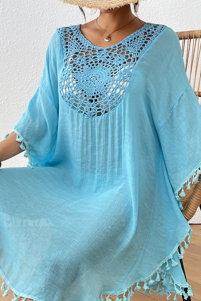 Bestselling New Beach Cover-Up - Crochet Lace Trimmed Fringe Kimono Ice Blue