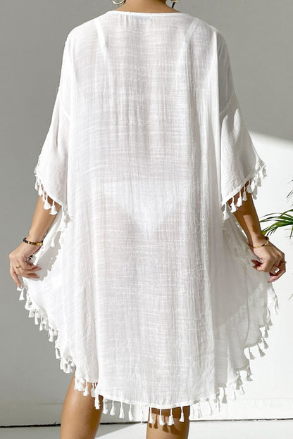 Bestselling New Beach Cover-Up - Crochet Lace Trimmed Fringe Kimono White