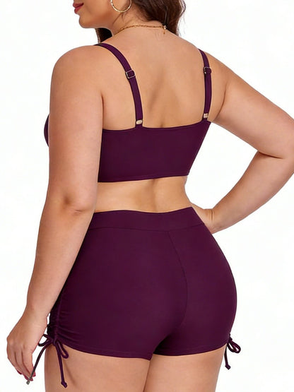 Plus Size Friendly Two-Piece Swimsuit, Ruched Bikini Top and Boycut Shorts with Drawstring