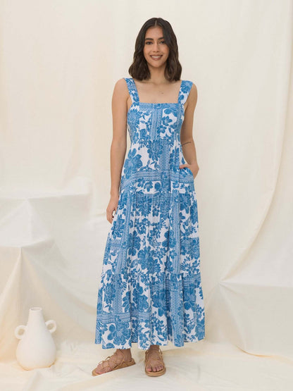 Mediterranean Blue Floral Square Neck Tiered Summer Dress