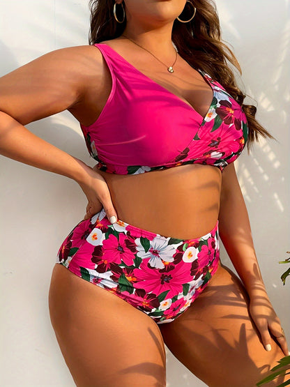 Plus Size Floral Wrap Bikini Set with High-Waisted Bottoms