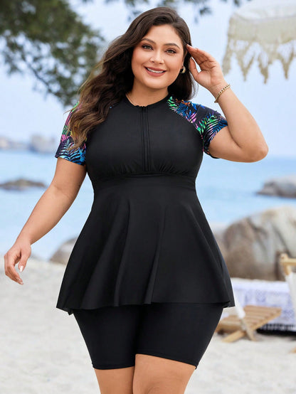 Modest Short Sleeve Zippered Swim Set with Tummy Control