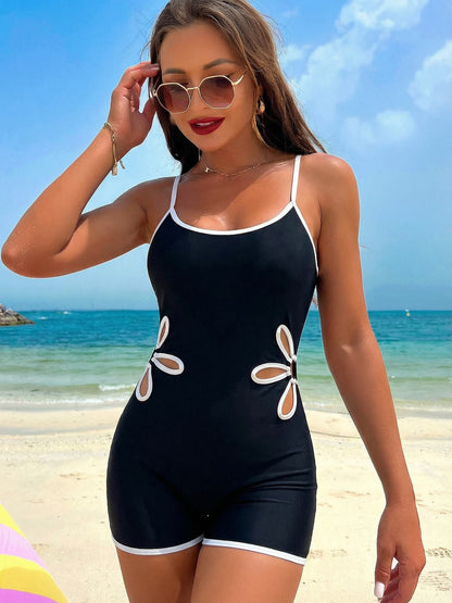 Scoop Neck Boyleg One-Piece Swimsuit with Flower Petal Cut-outs and Contrast Trim