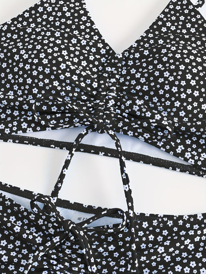 Women's Floral Bikini with Shorts - High Waisted Two Piece Bathing Suit