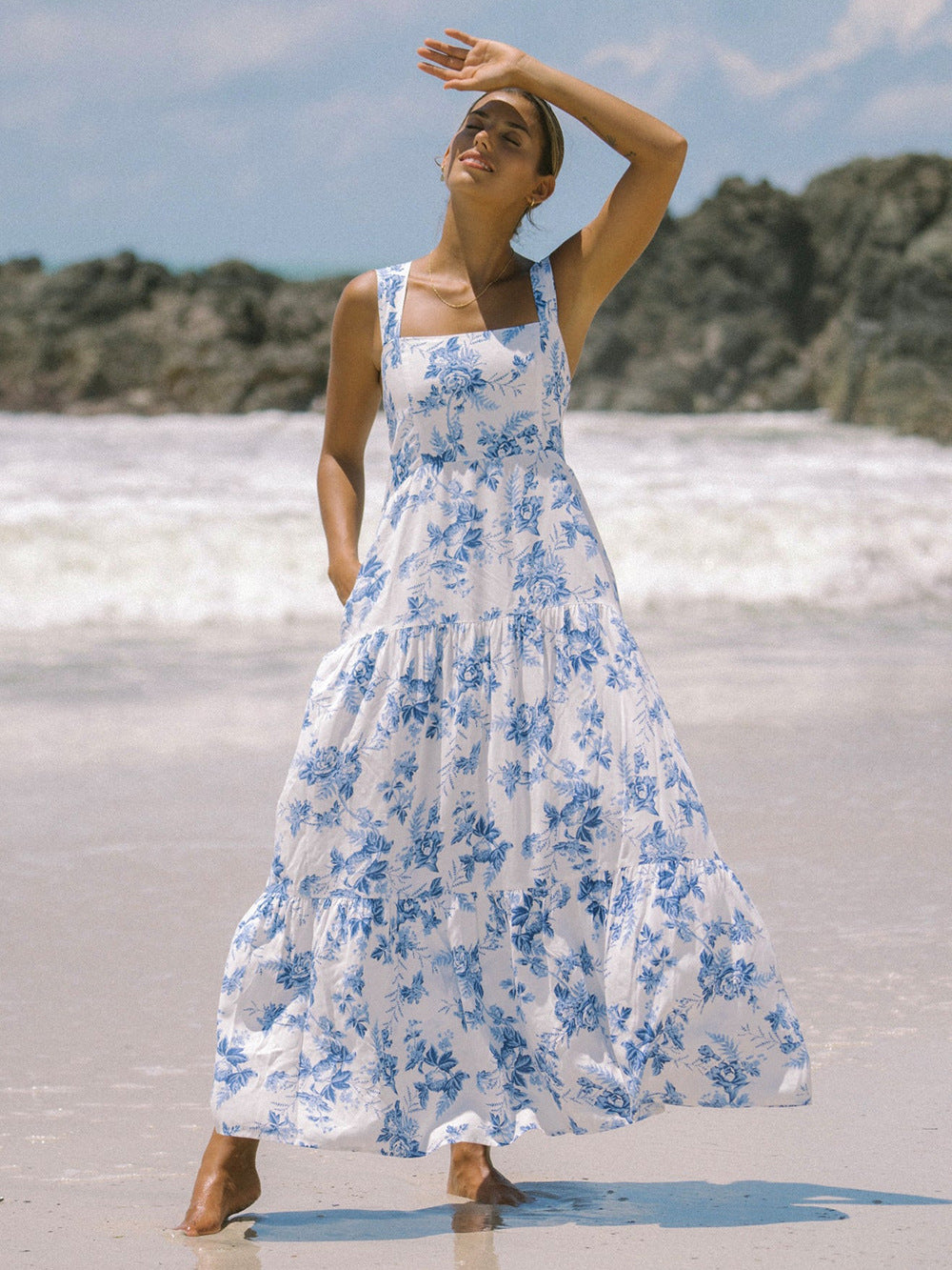 Blue White Floral Wide-Strap Maxi Dress – Summer Resort Style