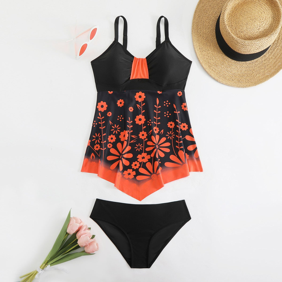 Floral Print Cyan Ombre Swimdress And Panty Cyan