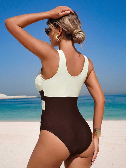 Criss-Cross Ruched One-Piece Swimwear, Slimming V-Neck Monokini with Tummy Control