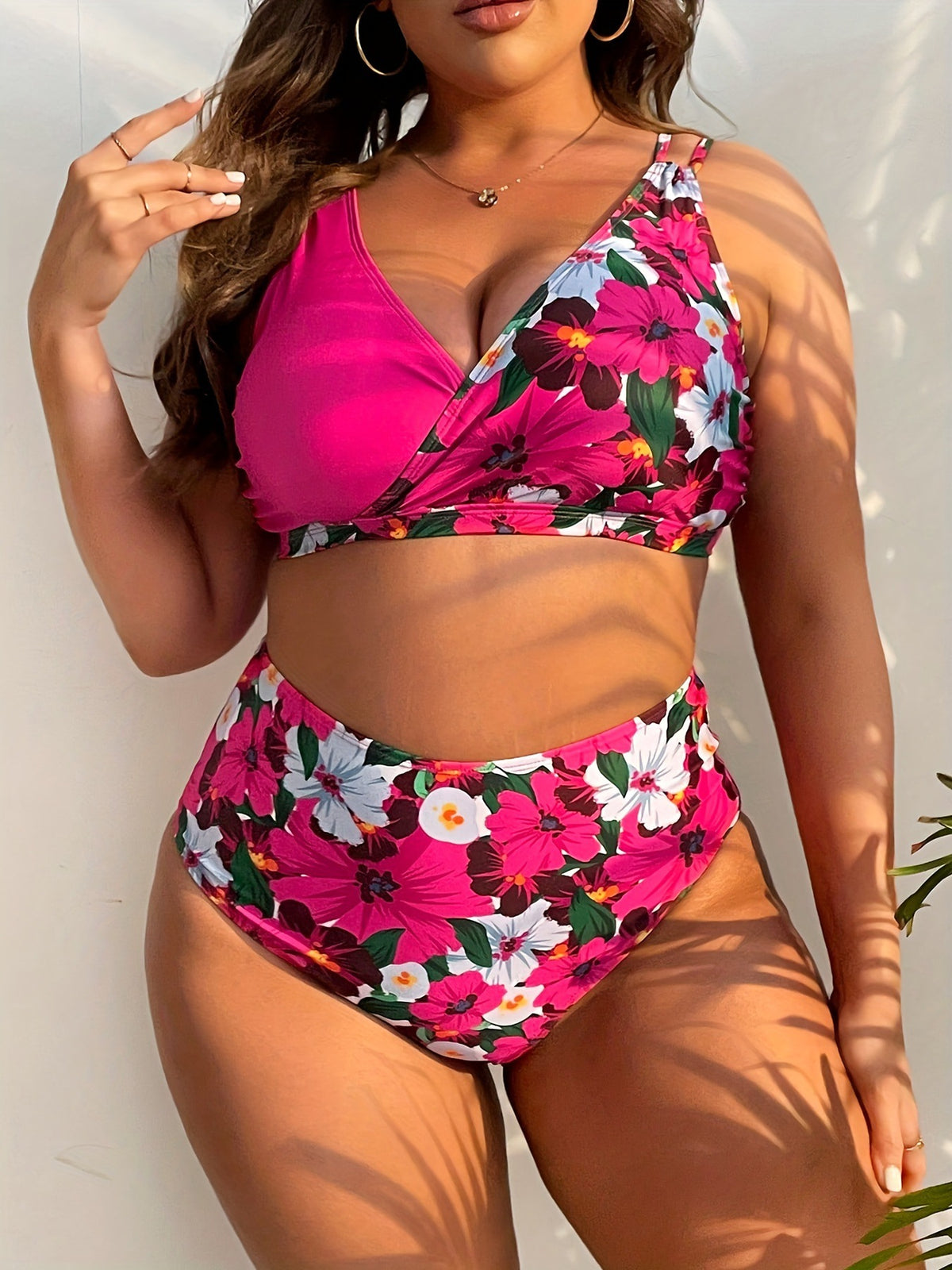 Plus Size Floral Wrap Bikini Set with High-Waisted Bottoms