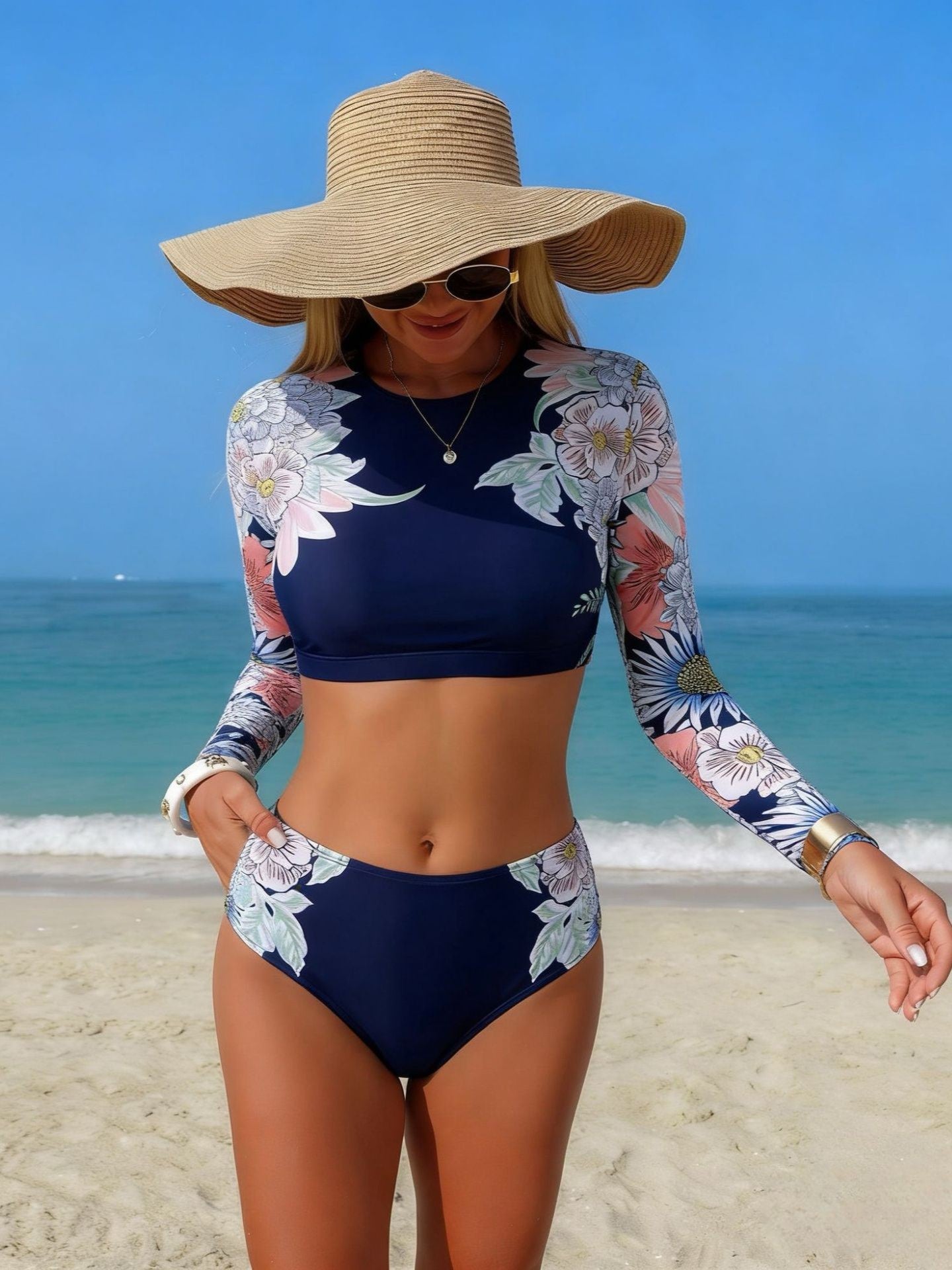Long Sleeve Floral Print Two-Piece Rash Guard Set, High Waisted Swimsuit with Crop Top for Women