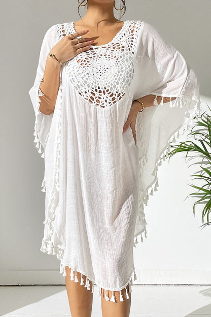 Bestselling New Beach Cover-Up - Crochet Lace Trimmed Fringe Kimono White