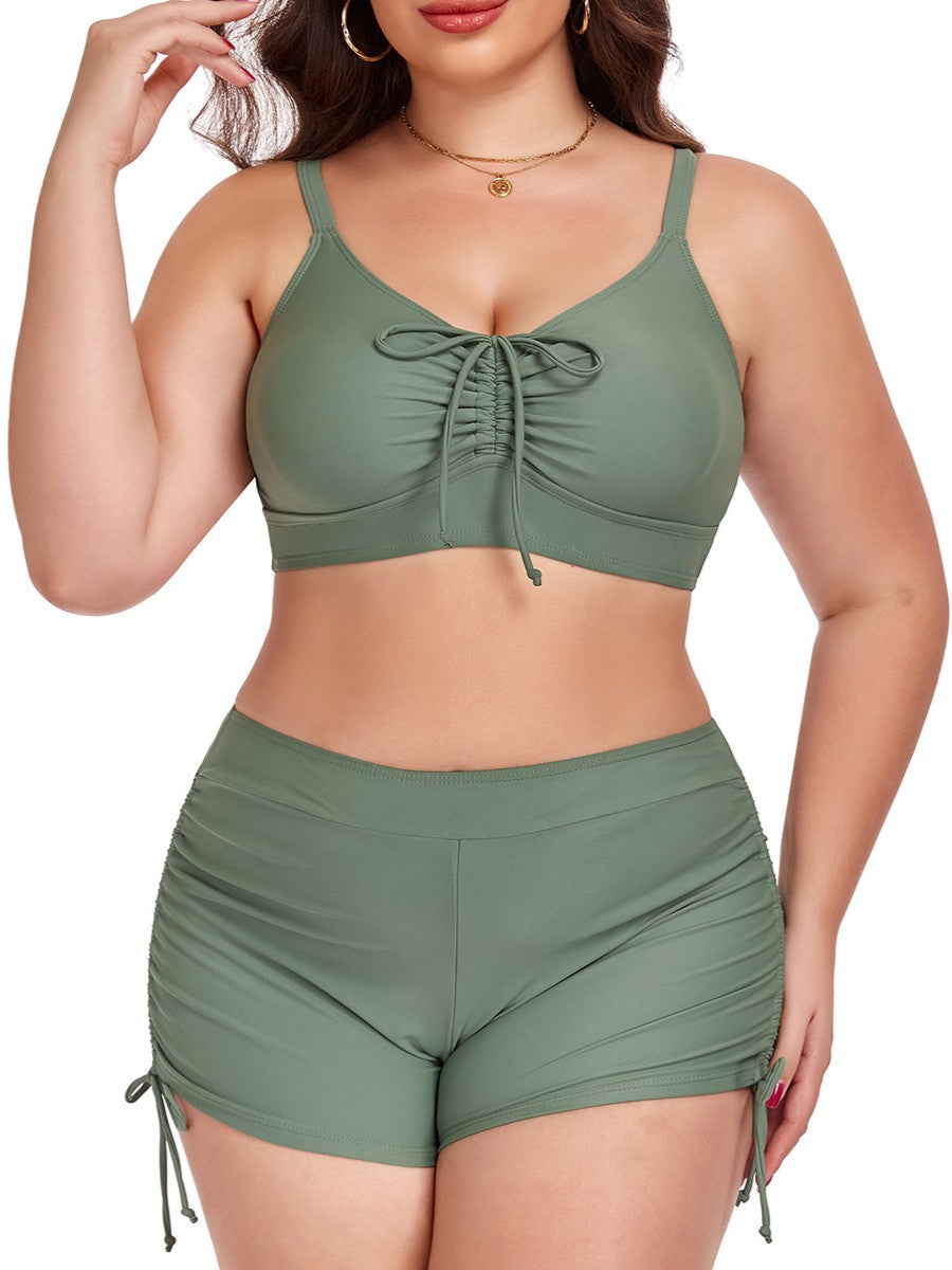 Plus Size Friendly Two-Piece Swimsuit, Ruched Bikini Top and Boycut Shorts with Drawstring