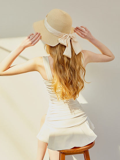 Square Neck Ruched One-Piece Swimsuit for Women, Elegant Skirted Swim Dress with Ruffle Hem