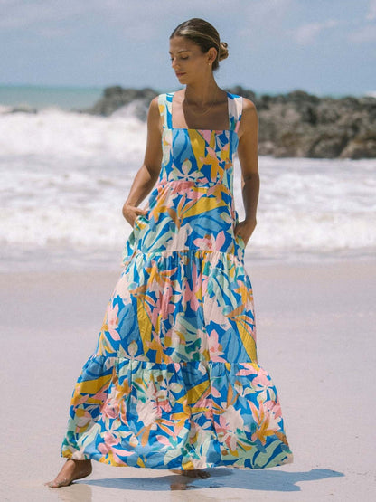Vibrant Floral Print Square Neck Tiered Maxi Dress for Women