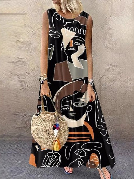 Oversized Round-Neck Sleeveless Maxi Dress with Print Black