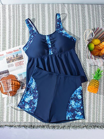 Navy Floral Peplum Tankini Set with Tummy Control & Boy-leg Shorts
