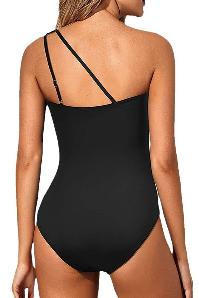 One Shoulder One Piece Swimsuit for Women Tummy Control Bathing Suits Black