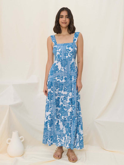 Mediterranean Blue Floral Square Neck Tiered Summer Dress