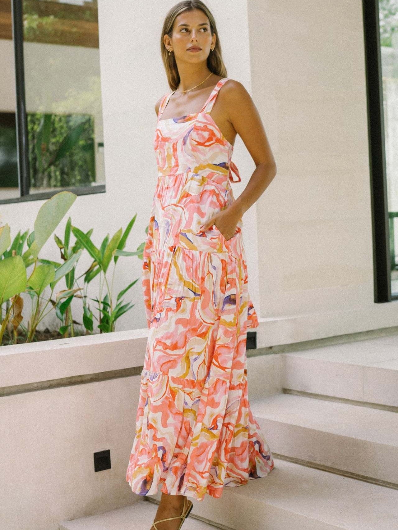 Pink Abstract Wide-Strap Maxi Dress – Vibrant Summer Vacation Style