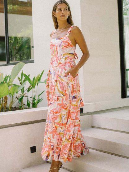 Pink Abstract Wide-Strap Maxi Dress – Vibrant Summer Vacation Style
