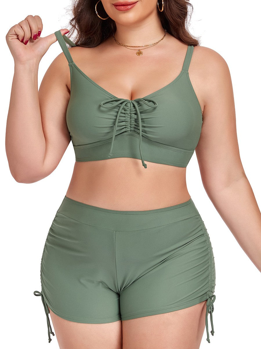 Plus Size Friendly Two-Piece Swimsuit, Ruched Bikini Top and Boycut Shorts with Drawstring