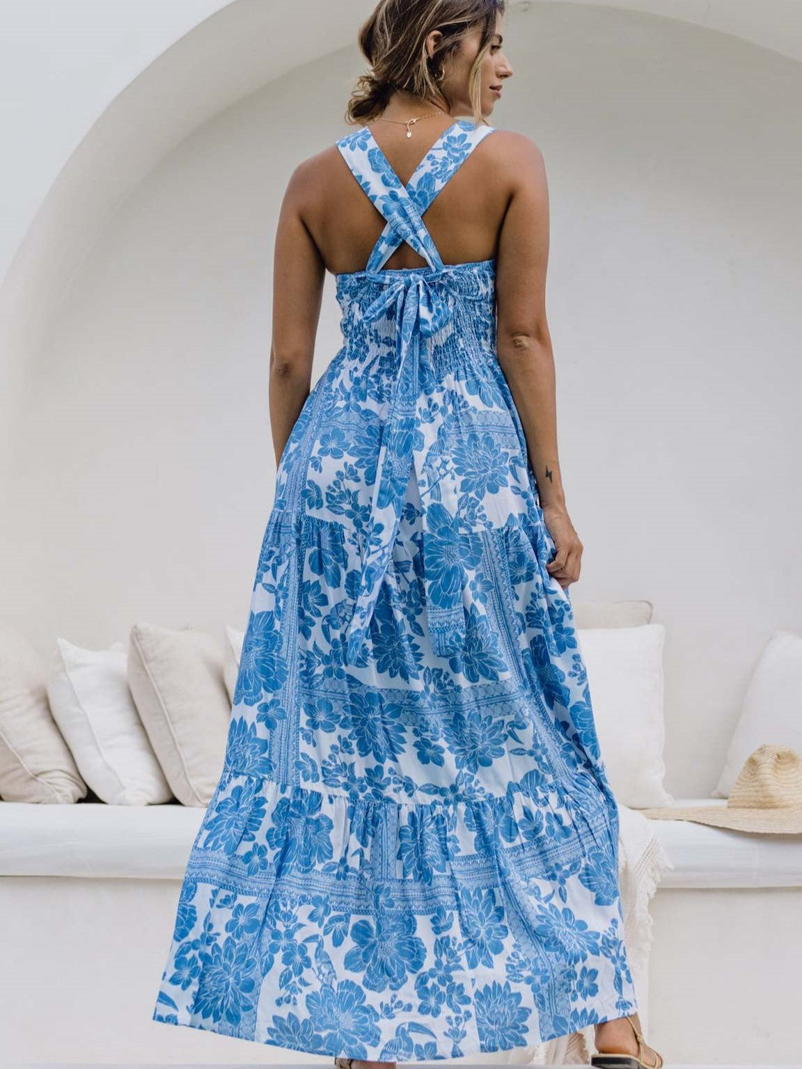 Mediterranean Blue Floral Square Neck Tiered Summer Dress