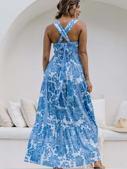 Mediterranean Blue Floral Square Neck Tiered Summer Dress