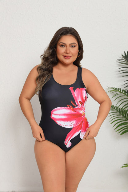 Plus Size Pink Lily Print One-Piece Swimsuit