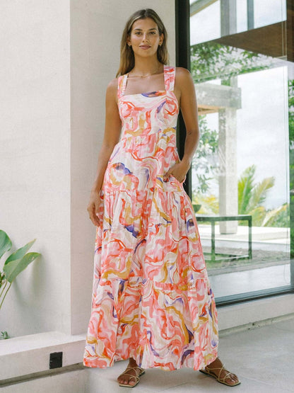 Pink Abstract Wide-Strap Maxi Dress – Vibrant Summer Vacation Style
