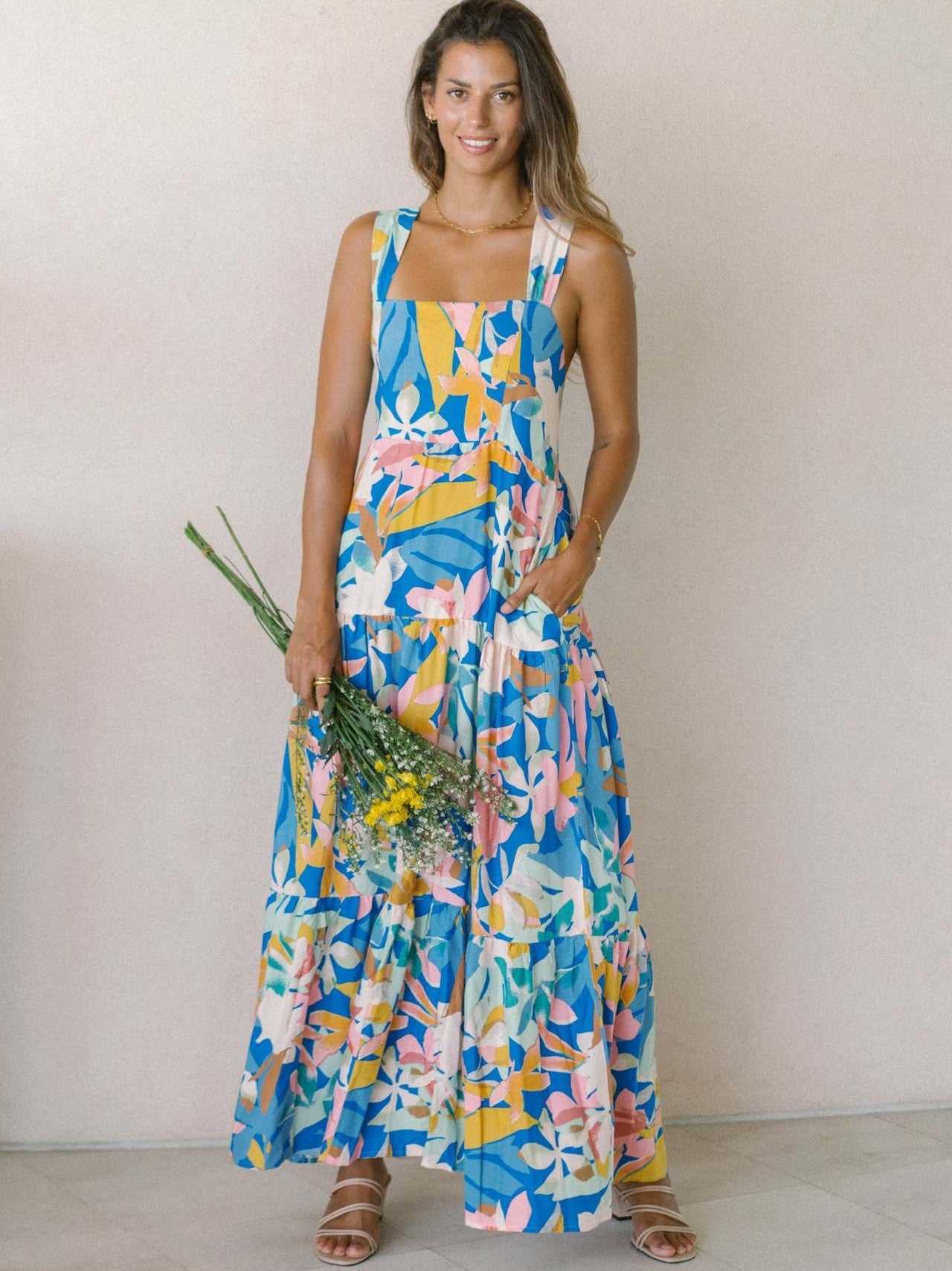 Vibrant Floral Print Square Neck Tiered Maxi Dress for Women