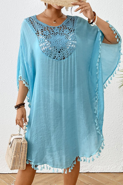 Bestselling New Beach Cover-Up - Crochet Lace Trimmed Fringe Kimono Ice Blue