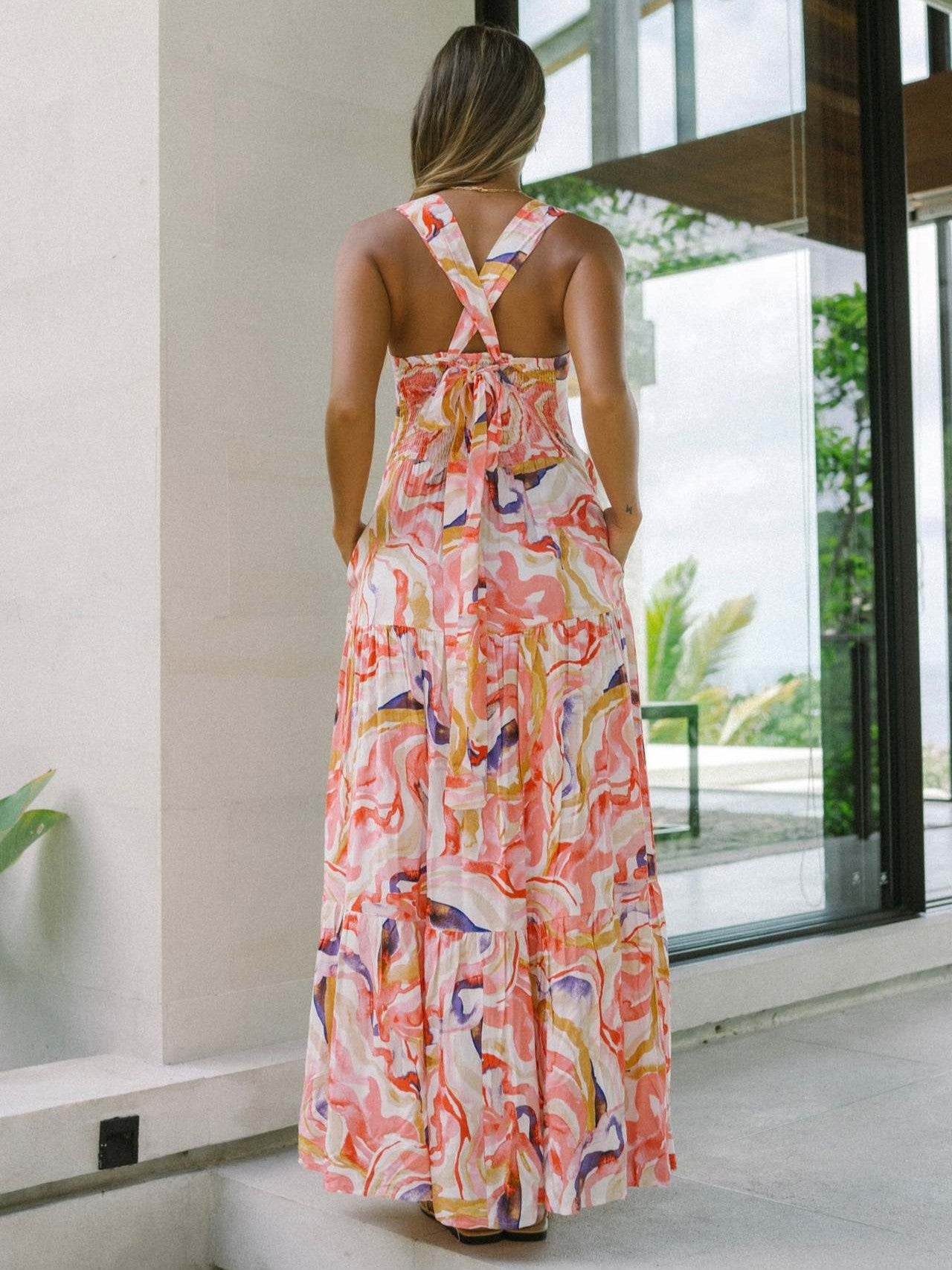 Pink Abstract Wide-Strap Maxi Dress – Vibrant Summer Vacation Style