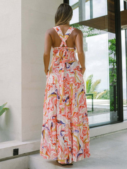 Pink Abstract Wide-Strap Maxi Dress – Vibrant Summer Vacation Style
