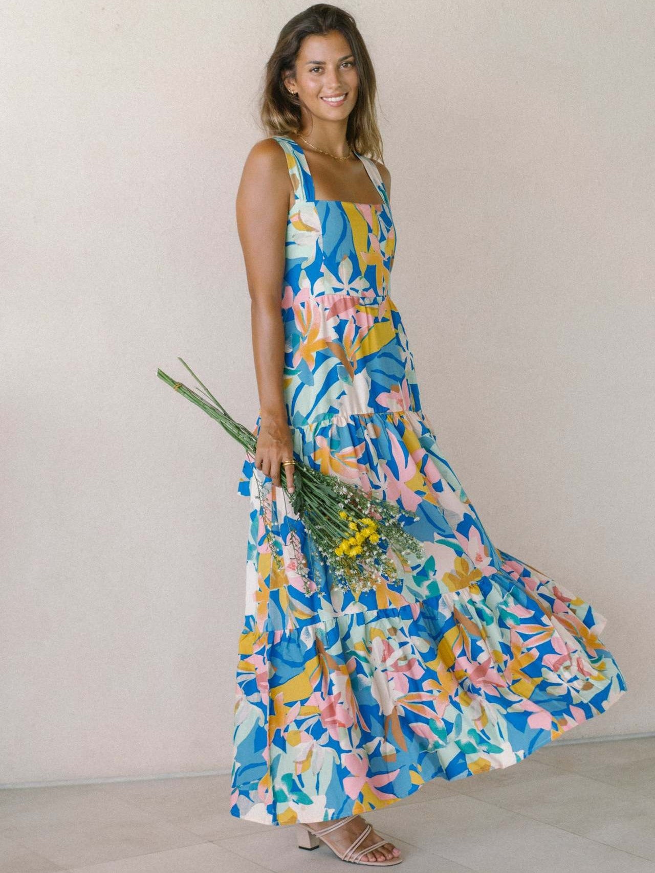 Vibrant Floral Print Square Neck Tiered Maxi Dress for Women