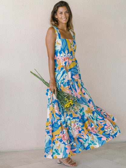 Vibrant Floral Print Square Neck Tiered Maxi Dress for Women